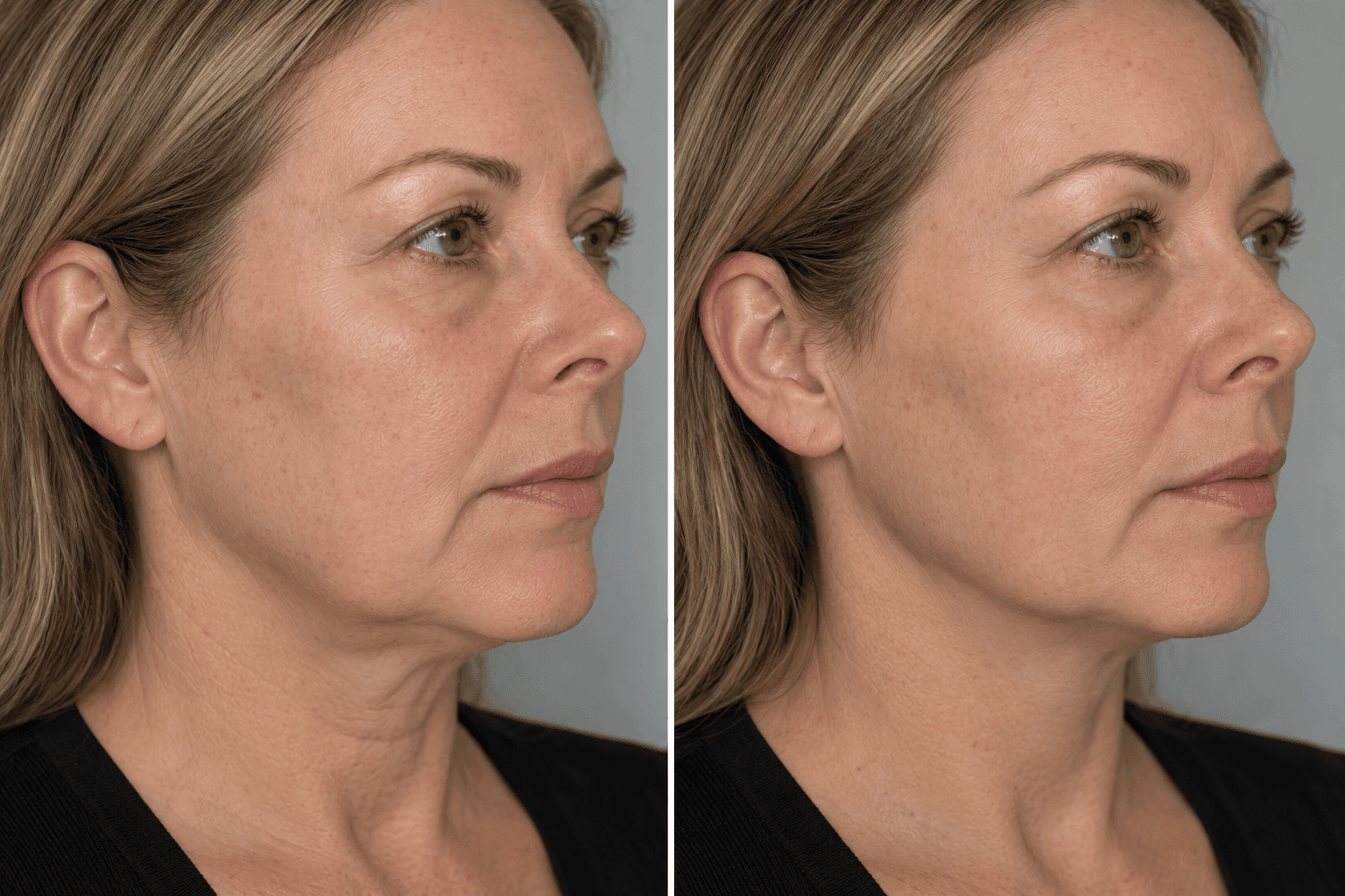 Endo fibre lift before and after Before and after image of woman who has had the endo fibre lift treatment
