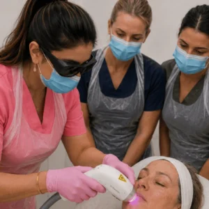 Practitioner performing a facial treatment while trainees observe